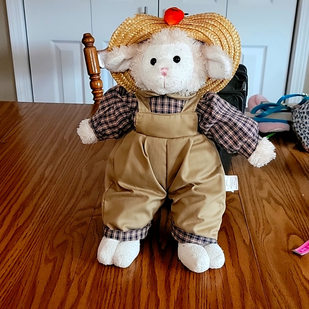 Wal-Mart Plush Farmer Lamb 17" in Straw Hat and Overalls Stuffed Animal